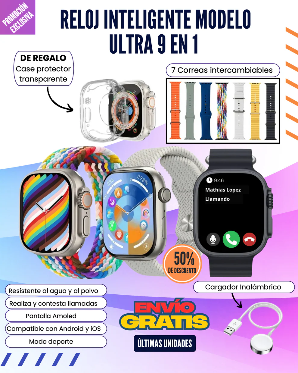 Smart Watch 9 en 1 Ultra 3 Pantalla Amoled IP68 resistente al agua💦